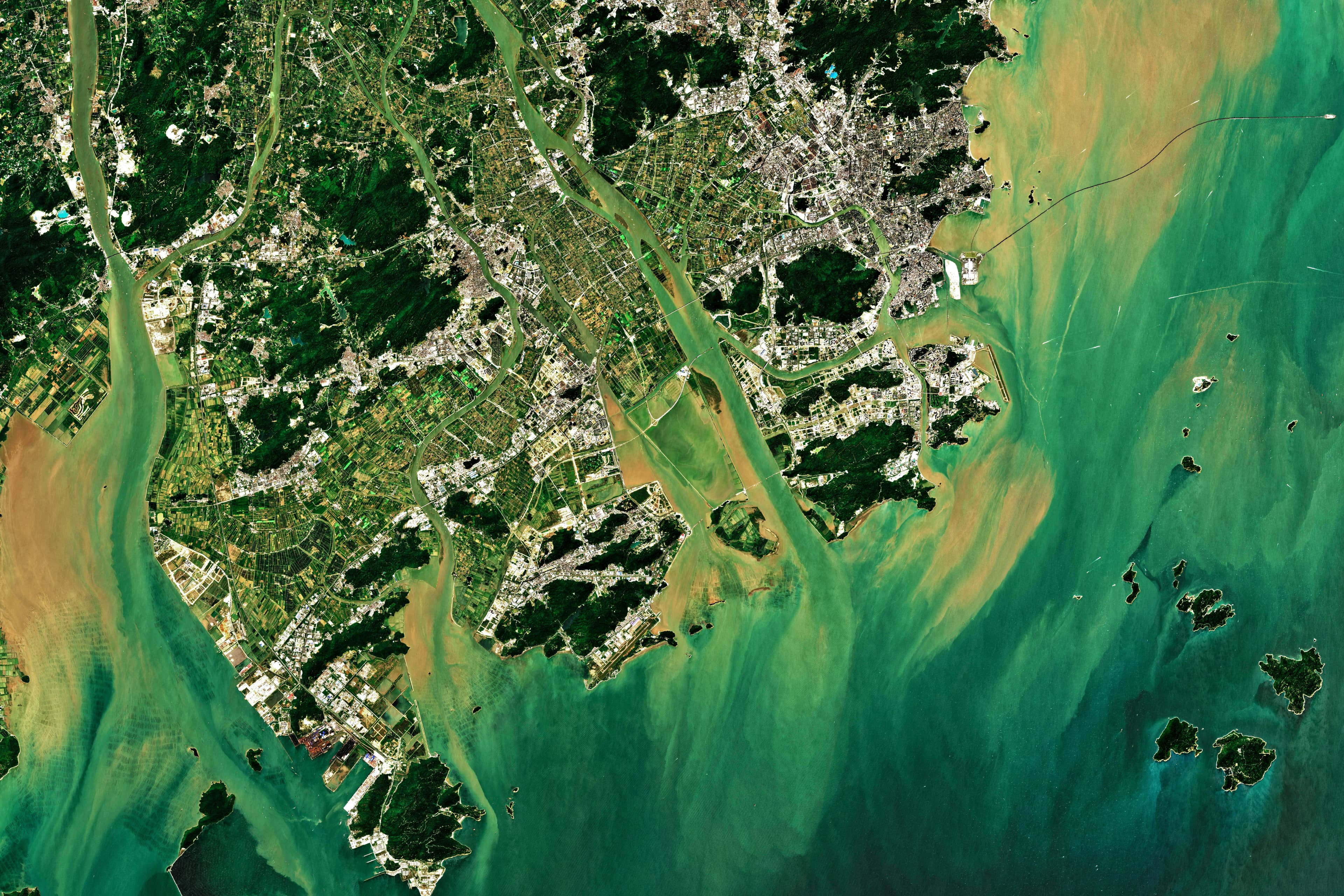 High-resolution satellite view of a coastal river delta with sediment plumes and urban development